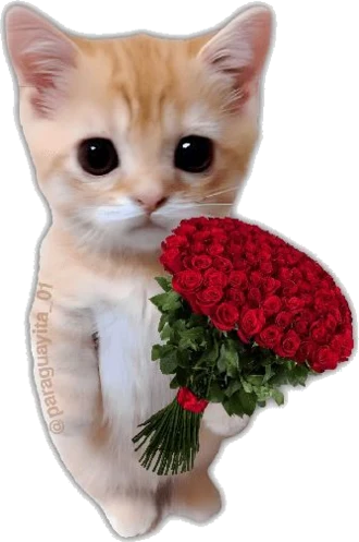 A small kitten holding a bouquet of red roses.