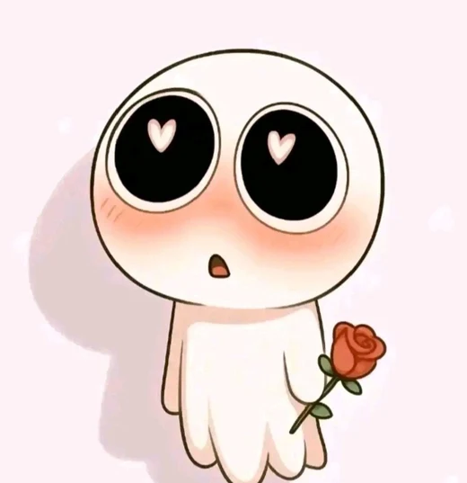 A small round character holding a single red rose, blushing.